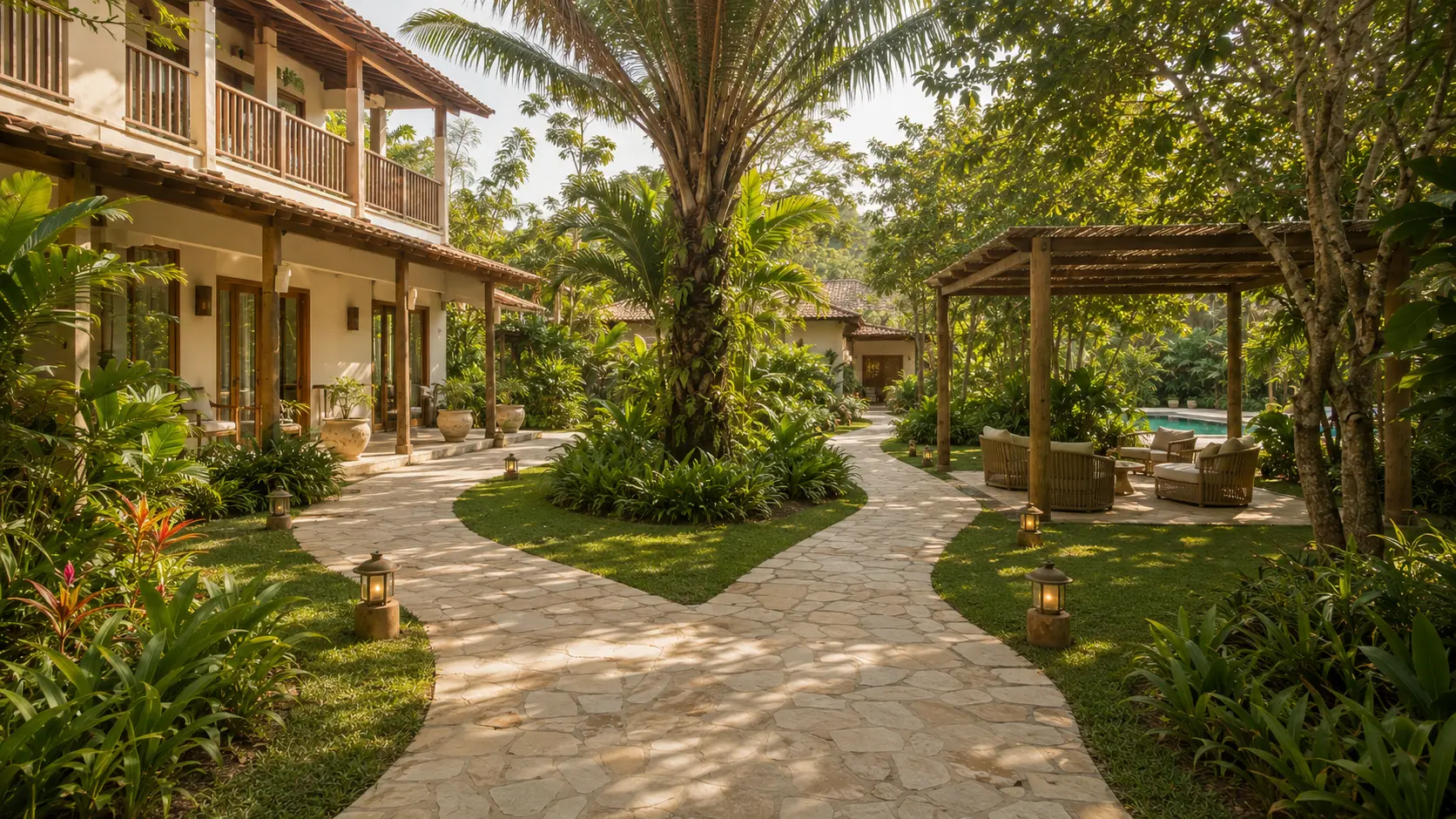 Jardim tropical e arquitetura da pousada